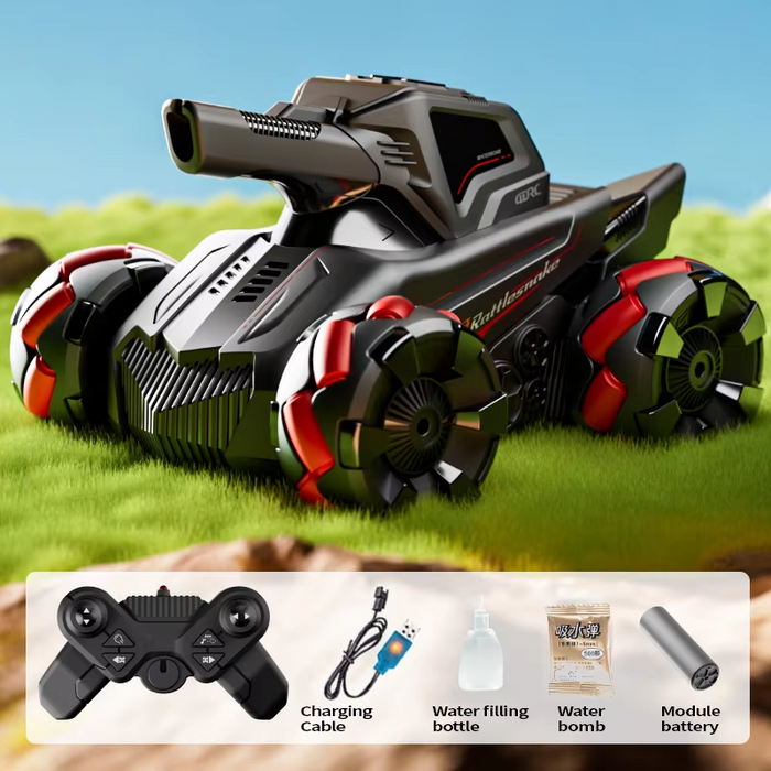 RC Car 4WD wireless gesture sensing stunt tank with water bomb spray, featuring realistic design and remote control functionality.