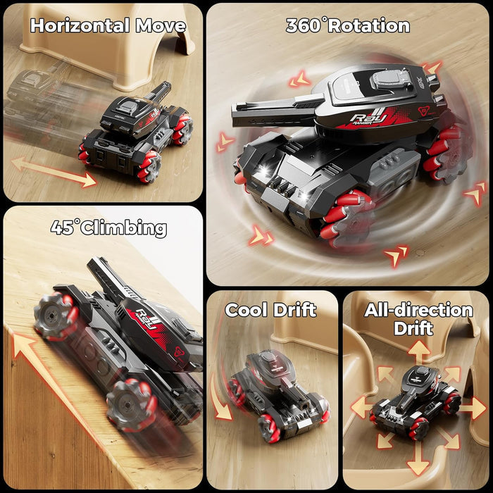 RC stunt tank from dealonline.co.nz with gesture sensing, lights, music, water bullets, and a shooting water ball feature.
