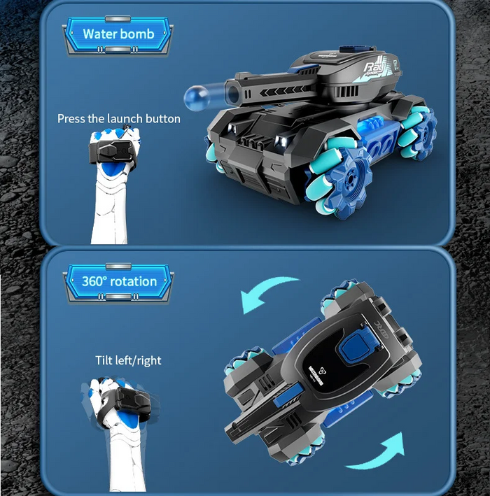 RC stunt tank toy from dealonline.co.nz with gesture sensing, water bullet balls, lights, and music for kids' fun and entertainment.