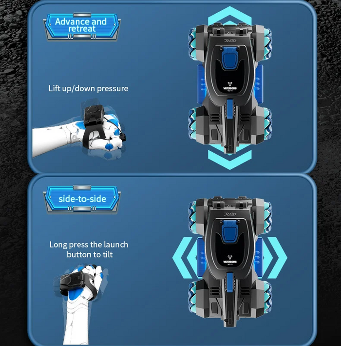 RC stunt tank with gesture sensing, lights, music, and water bullet balls, designed for remote control fun and stunts.