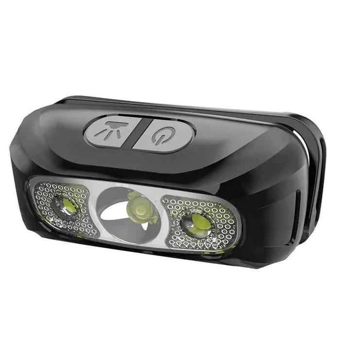 Rechargeable LED headlamp with motion sensor by Mead's Supply & Equipment Outfitters, black outdoor headlamp for hands-free lighting.