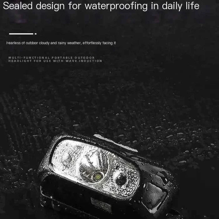 Rechargeable LED headlamp with motion sensor by Mead's Supply & Equipment Outfitters, black outdoor lighting with hands-free design.