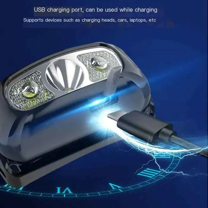 Black rechargeable LED headlamp with motion sensor from Mead's Supply & Equipment Outfitters, ideal for hands-free outdoor lighting.