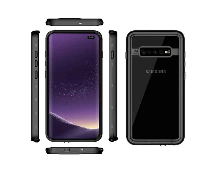 Techplus Redpepper waterproof full cover case for Samsung Galaxy S10 showing durable, clear protective design with sealed edges