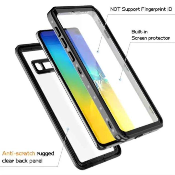 Techplus Redpepper full cover waterproof case for Samsung Galaxy S10, showing the transparent protective design with secure button covers.