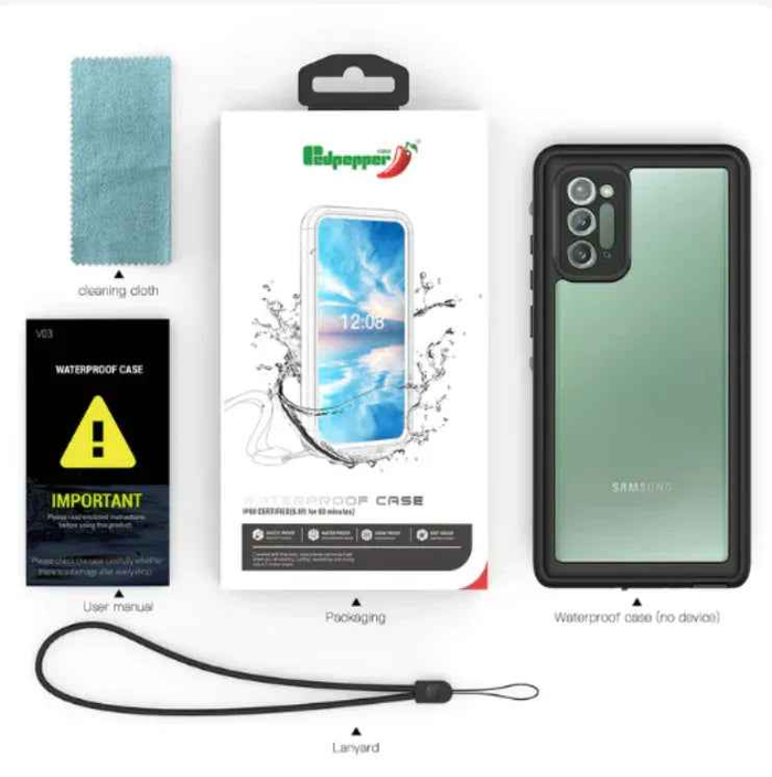 Techplus Redpepper full cover waterproof case for Samsung Galaxy S10, showing the clear protective design and waterproof seal.