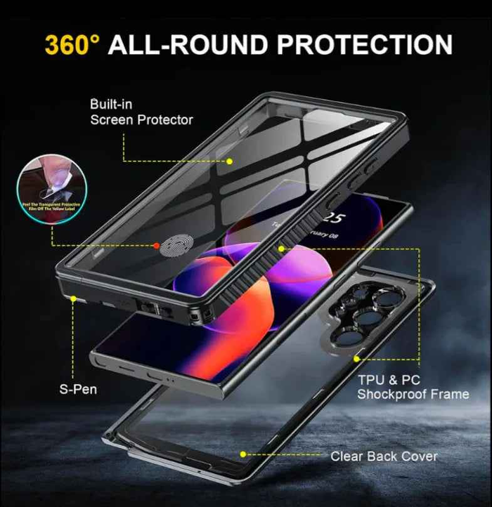 Techplus Redpepper waterproof phone case for Samsung S25 Ultra, showing durable, transparent protective cover on the device.