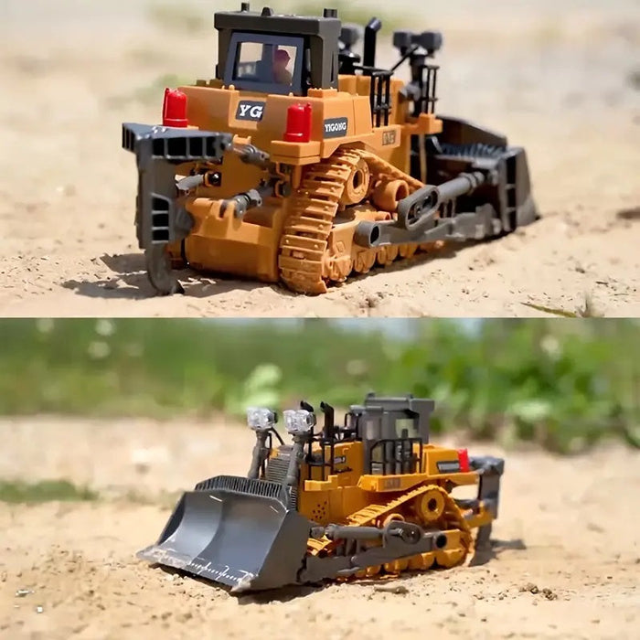 Remote control engineering vehicle, 1:24 scale bulldozer with 9 channels and 2.4G connectivity, featuring detailed design and realistic features.