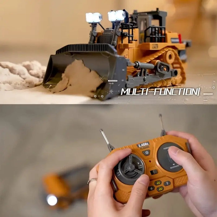 Remote control engineering vehicle, 1:24 scale bulldozer from DealOnline, with 9-channel 2.4G operation and realistic details.