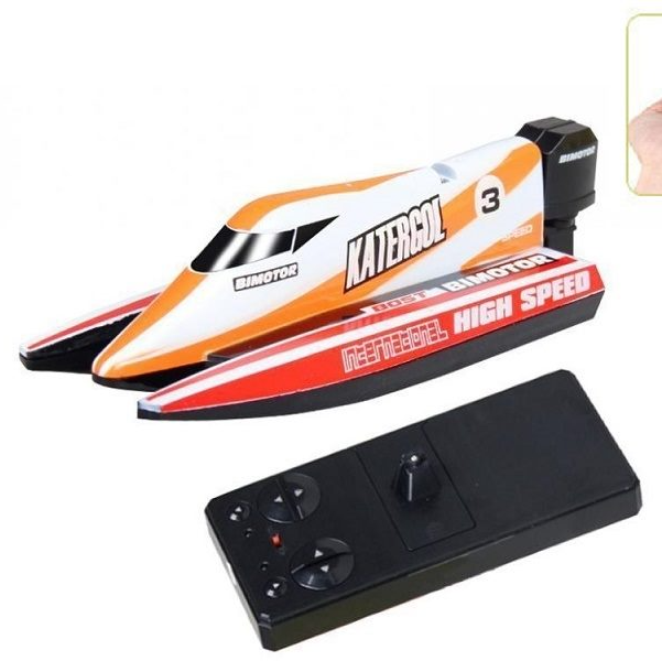 Yellow remote control racing boat by dealonline.co.nz, featuring sleek design and vibrant color for high-speed water racing.
