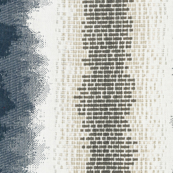 Detail image of High-performance indigo outdoor safe woven fabric with abstract brushstroke design and blended chenille block center band