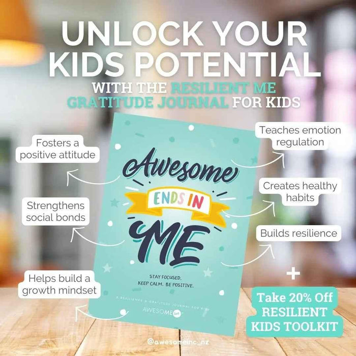 Resilient ME Gratitude Journal for Kids by Awesome Inc NZ, designed for children aged 5-12, featuring colorful cover and pages.