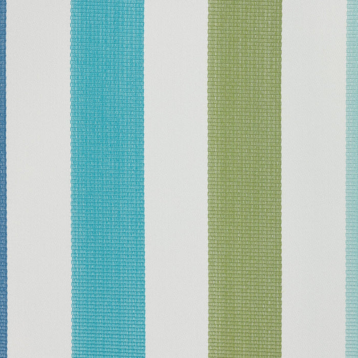 Detail image of Outdoor safe woven fabric with vibrant green, blue, and white stripes – Rhodes Stripe by Elaine Smith