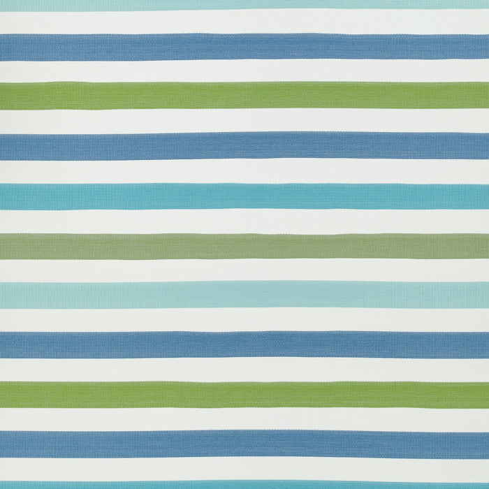 Outdoor safe woven fabric with vibrant green, blue, and white stripes – Rhodes Stripe by Elaine Smith-full fabric repeat image