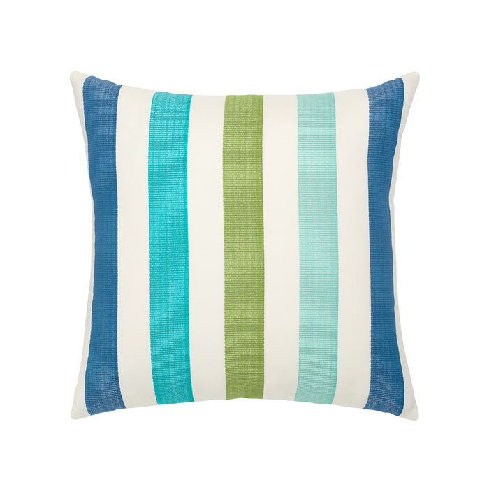 Pillow made from Outdoor safe woven fabric with vibrant green, blue, and white stripes – Rhodes Stripe by Elaine Smith
