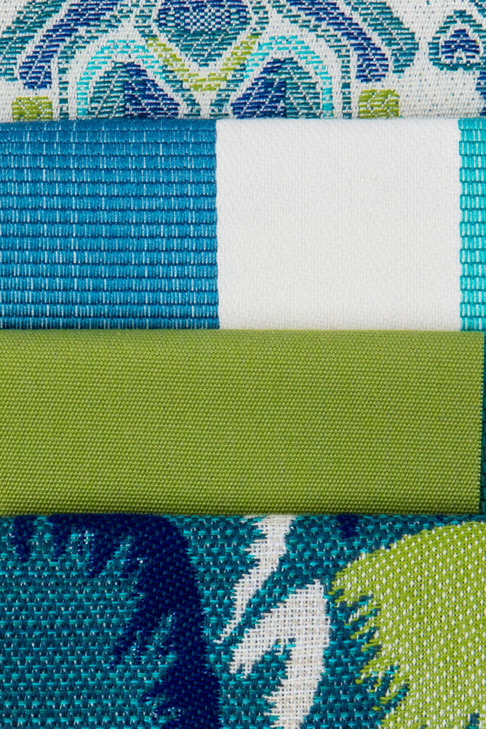 Coordinating fabrics to Outdoor safe woven fabric with vibrant green, blue, and white stripes – Rhodes Stripe by Elaine Smith