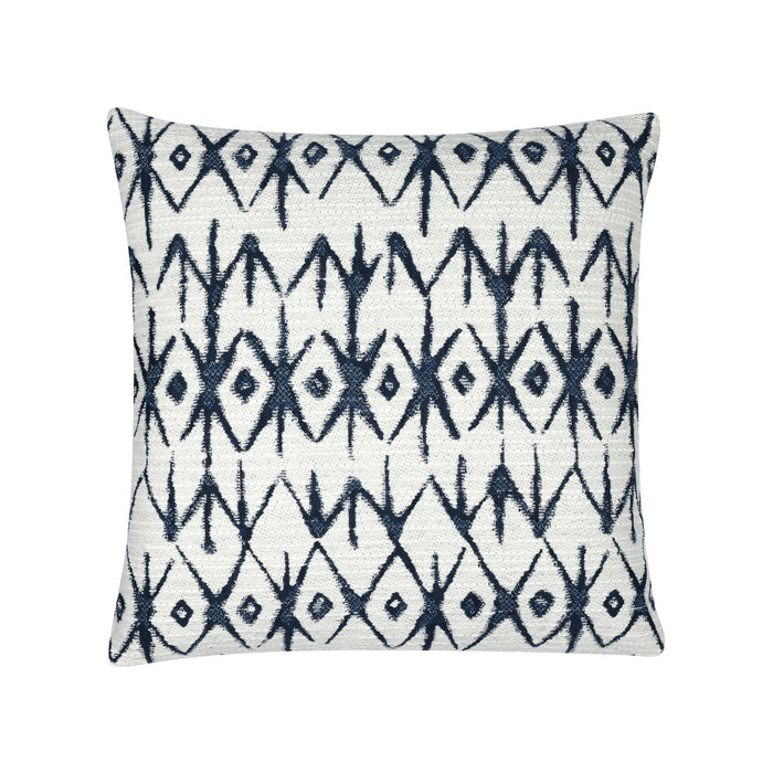 Pillow made from Tribal-inspired indigo and white patterned outdoor safe woven fabric