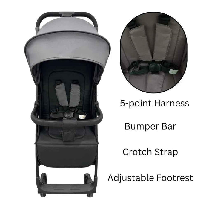 Baby Way NZ Roam compact travel stroller with extended canopy in black, lightweight umbrella stroller for easy travel.