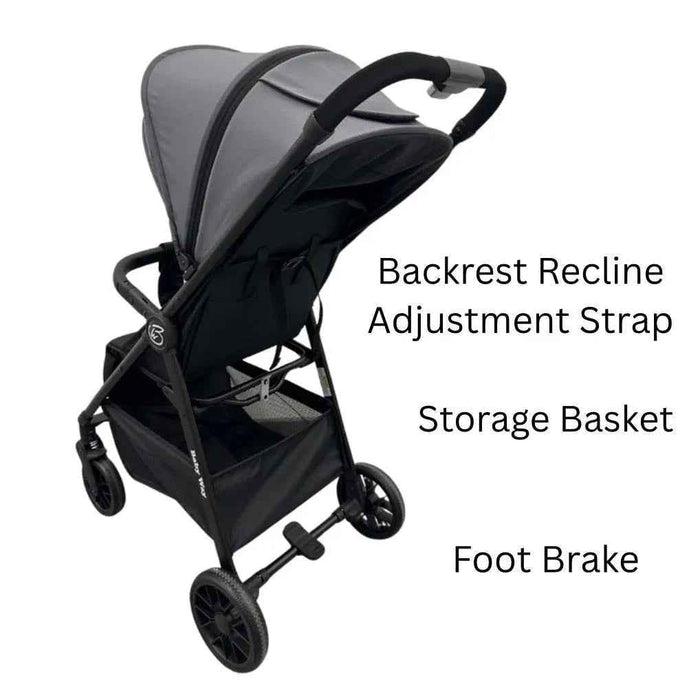Baby Way NZ Roam compact travel-friendly umbrella stroller with black extended canopy, lightweight and easy to fold.