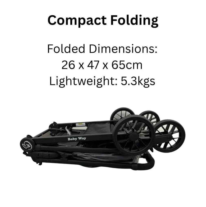 Baby Way NZ Roam compact travel-friendly umbrella stroller with extended canopy in black, lightweight and foldable for easy travel.