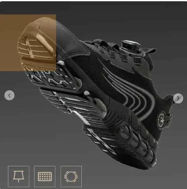 Grey men's safety shoes with rotary button design from Mead's Supply & Equipment Outfitters, featuring sturdy footwear for workplace safety.