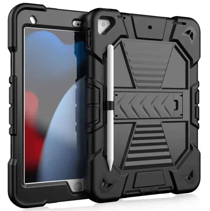 Black TechPlus Rugged iPad 10.2 case with shockproof cover, built-in stand, and pencil holder for 7th to 9th generation iPads.