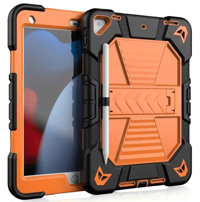 Techplus rugged black iPad 10th/11th Gen case with shockproof cover, stand, and pencil holder for tablet protection and convenience.