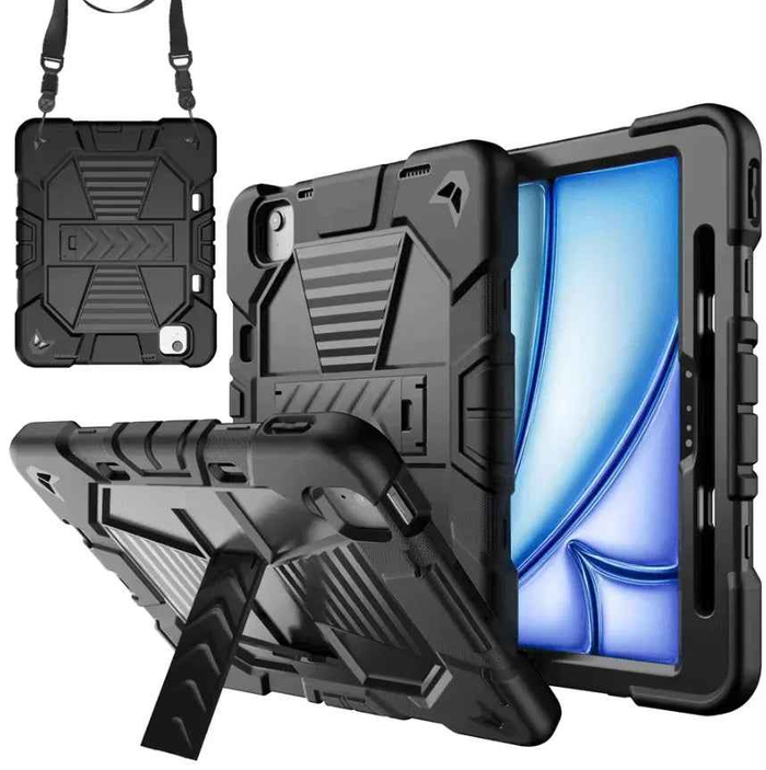 Techplus black rugged iPad Pro 11-inch case with shockproof design, stand, and pencil holder for added protection and functionality.
