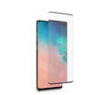 Clear tempered glass screen protector for Samsung Galaxy S10 by techplus, showing front view with screen coverage and cutouts.