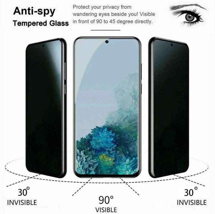 Samsung Galaxy S20 glass privacy screen protector by techplus, showing the clear tempered glass with privacy filter feature.