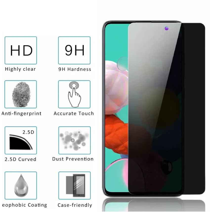Techplus Samsung Galaxy S20 glass privacy screen protector showing a clear front with privacy filter, protecting the phone's display.