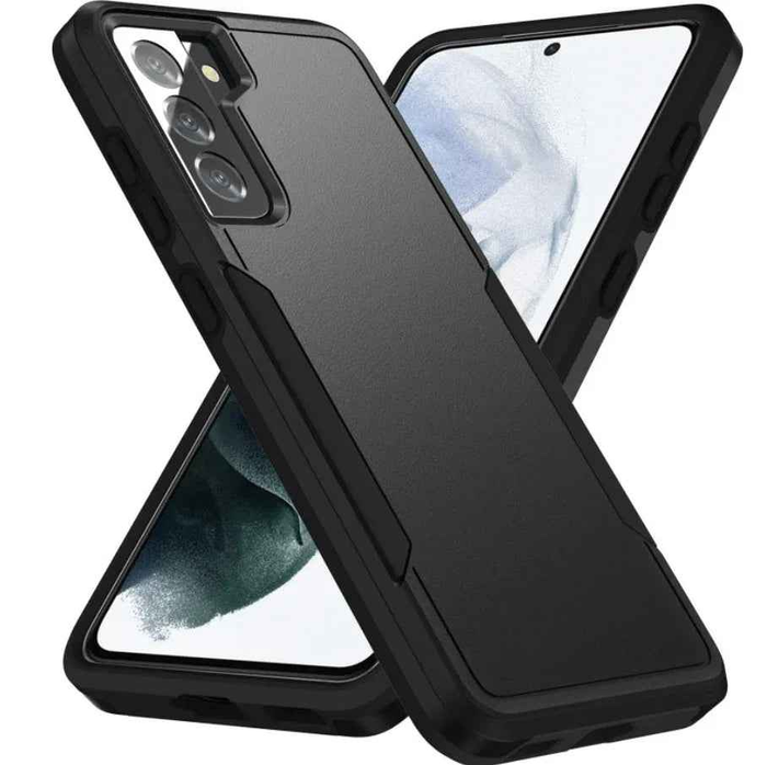 Black Samsung Galaxy S21 FE dual layer armor hard case by techplus, providing durable protection for your mobile phone.