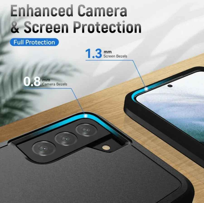 Black Samsung Galaxy S21 FE dual-layer armor hard case by techplus, offering rugged protection for mobile phones.