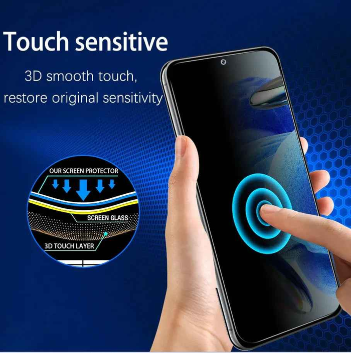 Samsung Galaxy S22 Plus glass privacy screen protector by TechPlus, showing the clear tempered glass with privacy filter in use.