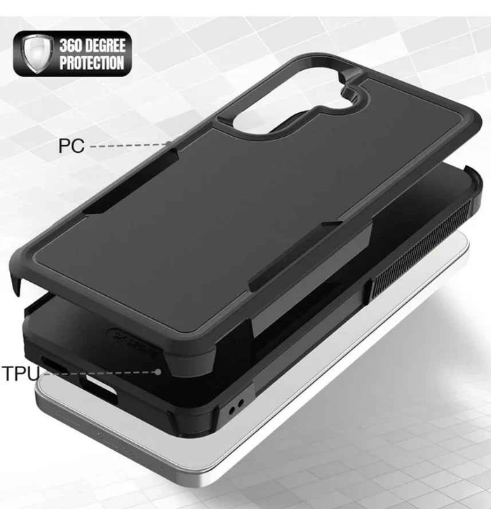 Techplus Samsung Galaxy S23 FE dual-layer armor hard case protecting the phone with durable, rugged design and precise cutouts.