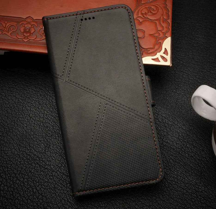 Black Samsung Galaxy S25 FE flip wallet case with cowhide dot pattern by techplus, offering durable mobile phone protection.