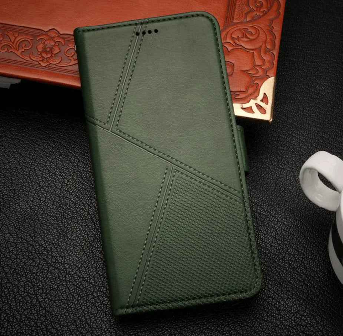Techplus Samsung Galaxy S25 FE flip wallet case in black with cowhide dot pattern, designed for mobile phone protection and style.