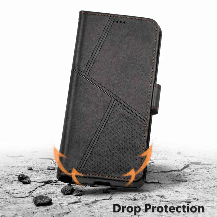 Techplus Samsung Galaxy S25 FE flip wallet case in black with cowhide dot pattern, designed for mobile phone protection.
