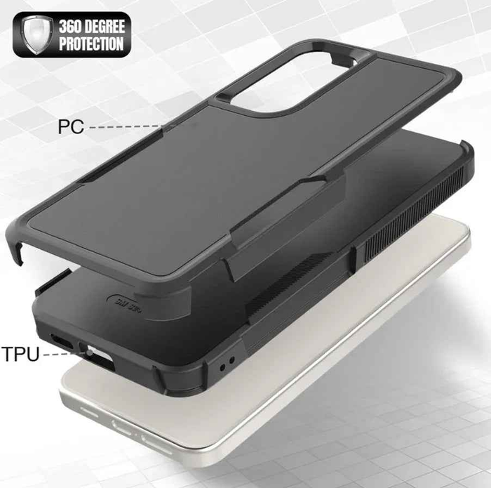 Techplus Samsung Galaxy S25 Plus dual layer armor hard case with shock-absorbing design and reinforced edges for mobile protection.