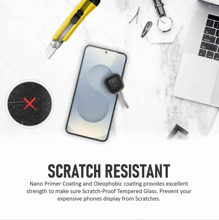 Samsung Galaxy S25 Ultra clear tempered glass screen protector by TechPlus with 9H hardness, showing a close-up of the screen.