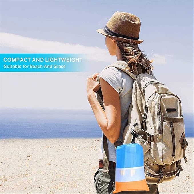 Orange and blue ECOTREK beach mat, 210x200cm, sandproof and waterproof, ideal for outdoor relaxing on the beach.