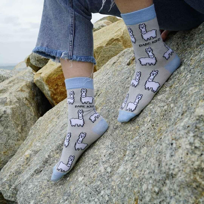 Barekind NZ bamboo socks featuring alpaca design, adult size 4-7, soft and comfortable socks made from eco-friendly bamboo.
