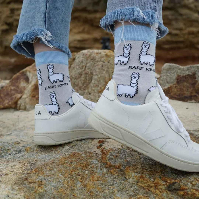 Barekind NZ bamboo socks featuring a cozy alpaca design, made for adults size 4-7, perfect for comfort and style.