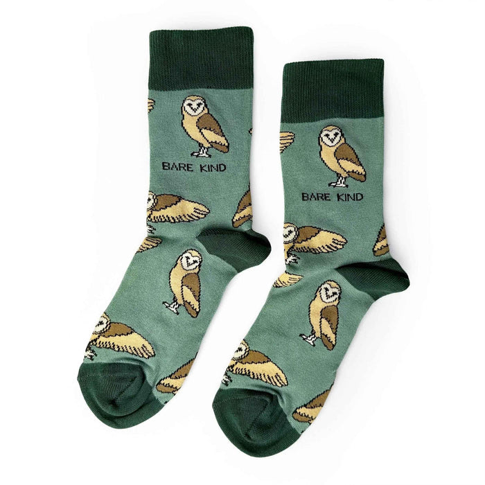 Barekind NZ bamboo socks featuring barn owl design, comfortable adult socks made from sustainable bamboo material.
