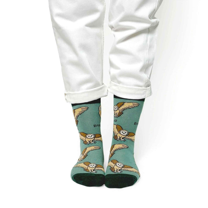 Barekind NZ bamboo socks featuring barn owl design, adult size 4-7, comfortable and eco-friendly socks.