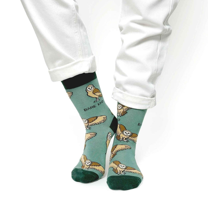 Barekind NZ bamboo socks featuring barn owl design, adult size 4-7, soft and eco-friendly socks for men and women.