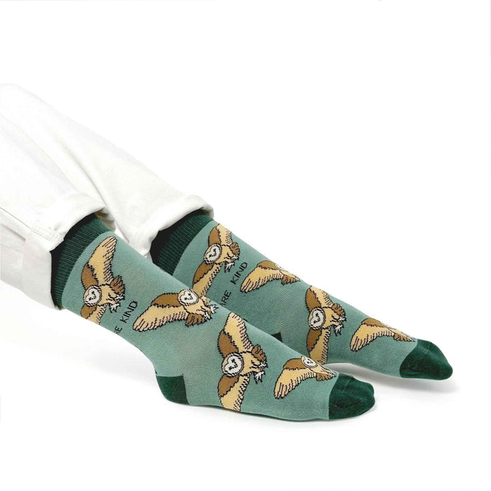 Barekind NZ bamboo socks featuring barn owl design, adult size 4-7, eco-friendly socks for wildlife conservation enthusiasts.