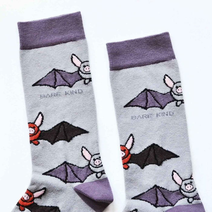 Barekind NZ Save the Bats bamboo socks for adults, featuring bat illustrations, made from soft, eco-friendly bamboo material.