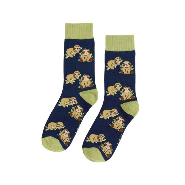 Barekind NZ bamboo socks featuring a blue sloth design, adult size 4-7, soft and eco-friendly for comfortable wear.