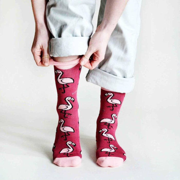 Barekind NZ bamboo socks featuring flamingo design, soft and comfortable socks for adults with vibrant flamingo pattern.